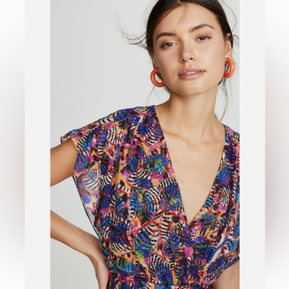 SALONI Silk Mini Dress XS - Gold Multicolor Floral Banana Leaf Wrap V-neck - Picture 3 of 16